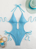 S - XXL Halter V Neck Wrinkled Female Swimwear One Piece Swimsuit Women Backless Monokini High Cut Bathing Suit Swim Beach Wear