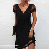 Womens Dresses Fashion Lace Mesh Patchwork Short Sleeve Bodysuit Clothes Elegant Temperament Party Knee Length Women Vestidos