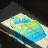 Women tie dye print bikinis sets 3pcs with mesh wrinkled perspective mini skirt swimsuit bathing suit beach outfits biquini