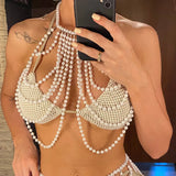 Luxury Pearls Halter Hollow Out See Through Bikini Top Female Swimsuit Women Swimwear Bather Bathing Suit Swim Beach Top V5409