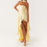 Women Summer Casual Tube Dress Fashion Solid Color/Floral Print High Low Ruffles Long Dresses with Scarf