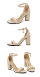 Beige Suede Ankle Strap Block Heel Sandals for Women, Round Open Toe with Rhinestone Accent, Multiple Colors Available