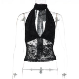 FDYOUI Woman Clothes Elegant Bandage Mesh Corset Tops 2026 Female Halter V-neck Lace-up Tank Top Black T-shirt Y2K Streetwear