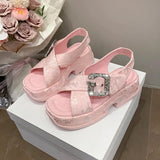 Fashion Crystal Buckle Platform Sandals Women Pink Embroidery Thick Heels Sandalias Mujer Comfortable Heightened Rome Sandals