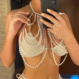 Luxury Pearls Halter Hollow Out See Through Bikini Top Female Swimsuit Women Swimwear Bather Bathing Suit Swim Beach Top V5409