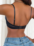 Women's Underwire Thin Bra - Blue Floral Embroidery on Black Sheer Mesh Sexy Push Up Demi Cup Lingerie Daily T-Shirt Bra MR2956