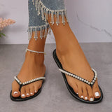 Summer Beach Pearl Decor Flip Flops Women Fashion Black Flat Clip Toe Slippers Female Plus Size Non Slip Pu Leather Slides Mujer