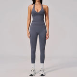 Summer Seamless Yoga Sets Women V Neck Slim Sports Tank Top Fitness Suit Peach Hip High Elasticity Leggings Running Tracksuit