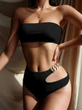 Metal Chain Ribbed Female Bandeau Swimsuit High Waist Bikini Women Swimwear Two-pieces Bikini set Asymmetric Bathing Suit Swim