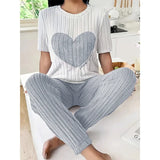 Autumn Winter Round Neck Short Sleeve Long Pants with Ribbed Stripes and Letter Heart Print Women's Pajamas Home Wear