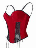 Christmas Red Black Lace Fishnet Boned Bodysuit, Sexy Push Up Corset Shapewear with Side Smoothing, Tummy Control Lingerie