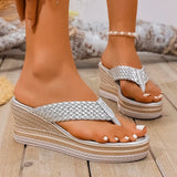 Gold Woven Wedges Flip Flops Women Plus Size 43 Summer Chunky Platform Slippers Woman Vacation Thick Sole Beach Sandals Female