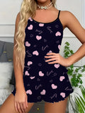 Bow Heart Print Pajamas Set for Women's Sleepwear Backless Crop Top and Shorts, Comfortable Loose Fit Summer Loungewear