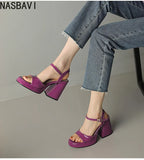 NASBAVI Women Patent Leather Sandals Super Chunky High Heeled Ankle Buckle Shoes Platform Summer Thick Heel Sandal Ladies 35-43