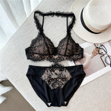 Elegant French Halter Neck Bra Set, Lace Wireless Bralette for Small Bust, Push Up Sensual Underwear Bralette & Panty MOYISU Bra