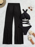3 Pieces Plain Criss Cross Bikinis Swimsuit & Pants Swimwear Women 2026 Bathers Bathing Swimming Suit Female Summer Beachwear