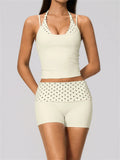 Quick Drying Polka Dot Patchwork Yoga Sets Women Hanging Neck Slim Shockproof Sports Tank Top Gym High Waist Shorts Fitnss Suit