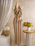 Bohemia Style Coffee Striped Bikini Set 2026 Women Cover Up+Long Skirt 4 Piece Swimsuit Summer Holiday Bathing Suit Swimwear
