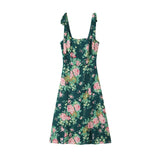 Floral Print Slim-fit Side-slit Camisole Dress For Women With Double Shoulder Straps And Semi-elastic Back Mid-length Skirt 9UCW