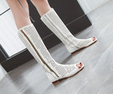 NASBAVI Fashion Women Flats Knee High Summer Boots Peep Toe Square Heels Fretwork Party Shoes Retro Rome Sexy Ladies Footwear