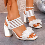 Fashion Flowers High Heel Sandals Women Summer Elastic Strap Slip On Thick Heeled Sandals Woman Plus Size Square Toe Party Shoes