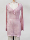 V Neck Long Sleeve Hollow Out Crochet Knitted Tunic Beach Cover Up Cover-ups Beach Dress Beach Wear Beachwear Female Women V6081