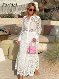 Spring Women Summer White Lace Dress Set Hollow Out Embroidery Shirt Skirt 2 Pcs Robe Outfits Single Breasting Cotton Maxi Dress