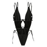 Sexy Backless One Piece Swimsuit Woman 2026 String Texture Swimwear Hollow Out Monokini High Cut Bathing Suit Deep V Neck Bather