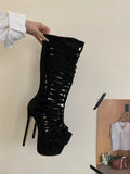 2025 New Summer Open Toe Women Knee High Boots Sandals Design Style Narrow Band Thin High Heels Zipper Party Shoes