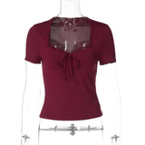 FDYOUI Women's Fashion Lace Patchwork T-shirt Streetwear Ladies Sexy Short Sleeve Bandage Tops Tees Y2K Slim Corset T Shirts