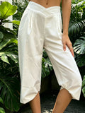 Summer Women Cargo Capri Pants Elastic Waist Cuffs Cropped Trousers with Side Pockets Fashion Casual Loose Fit Pants Streetwear