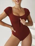 2026 Short Sleeve Swimsuit Women One Piece Solid Swimwear Female Zipper Bathers Bathing Swimming Suit Summer Beachwear Bodysuit