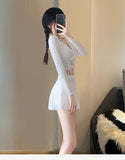 Split Swimsuit Women's Two-piece Solid Color Skirt Style Fairy Style Long Sleeved Sunscreen Sports Flat Pants Swimsuit