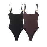 Black And Brown Spaghetti Strap Bodysuits With Rose Gold Button Decor Elegant Slim Fit Shapewear For Women Nightclub Wear 4UMT