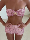 Women's Sequined Outfit Strapless Bra Tops and Slim Fit Shorts 2 Pcs Set for Spring Summer