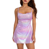 Women Sleeveless Backless Party Club Dress Solid Color Shiny Spaghetti Strap Mini Dress for Cocktail Nightclub Beach