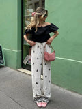 Foridol Geometric Pattern Embroidery Long Pants Women Wide Leg Beige Casual Summer Pants Elastic Waist Drawstring Pants 2025