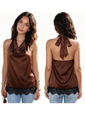 Women's Elegant Satin Tops Lace Trim Open Back Halter Low Cut Vest for Party Daily Casual Loose Fit Sleeveless Blouse