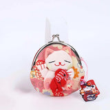 Portable Japanese Style Maneki Neko Coin Purse Flower Printing Lucky Cat Clutch Bag PU Wallets Card Holder Travel