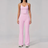 New Yoga Sets Women Summer Seamless Thread Hanging Neck Sports Vest Exercise Fitness Suit High Waist Wide Leg Pants Tracksuit