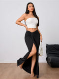 Elegant Black Skirt for Lady Folds High-waisted slit Women's Long Skirt Spring Summer Outfit Fashionable Casual Streetwear Women