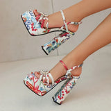 Ethnic Bohemia Sandals Women 2026 Summer Shoes Flower Print Ankle Strap Platform Block High Heels Crystal Pearl Studded