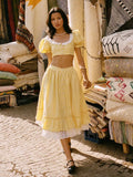 Foridol Gingham Printed Yellow Women Summer Dress Set Lace Top+skirt Sets Vintage French Style Midi Dress Oufits Plaid Vestidos