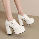 Plus Size Double Row Small Buckle Side Zipper Square Toe Double Layer Platform High Thick Heel Women's Pumps Shallow High Heels