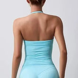 Women's Backless Yoga Sports Vest Neck Hanging Sexy Fitness Pilates Tight Long Top Gathered Sports Bra for Yoga