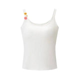 Fashion Solid Color Thin Strap Floral Chest Pad Women White Ribbed Top With Sleeveless Slim Fit Casual Summer Top Charming 3N4J