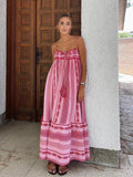 Foridol Crochet Bohemian Summer Dress for Women Spaghetti Strap Red Vintage Tassel Beach Dress Maxi Long Casual Sundress Autumn