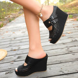 Hollow Out Chunky Wedges Sandals Women Fashion Buckle Peep Toe Super High Heels Sandals Woman Plus Size 43 Platform Slippers
