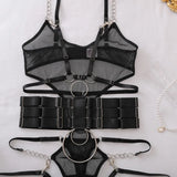 Toucheart Erotic Bodysuit Hollow See-through Mesh Design Binding Belt Body Shaping Seductive Luxurious Women Sexy Jumpsuit Set