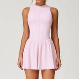 Women Front Zipper Tennis Dress Fake Two-piece Pieces Stand Up Collar Slim Fit Soft Sports Sets Fitness Pocket Skorts Yoga Suits